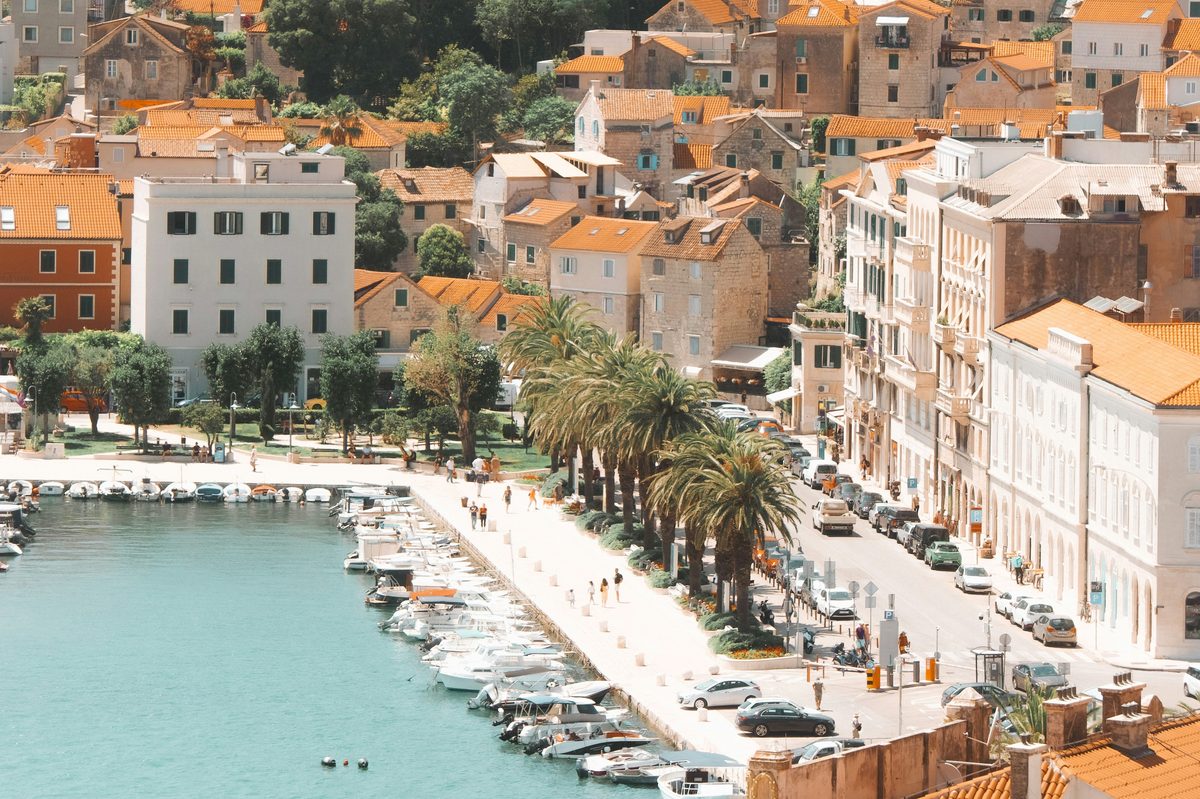 A palm lined riva and harbour, old town rising behind
